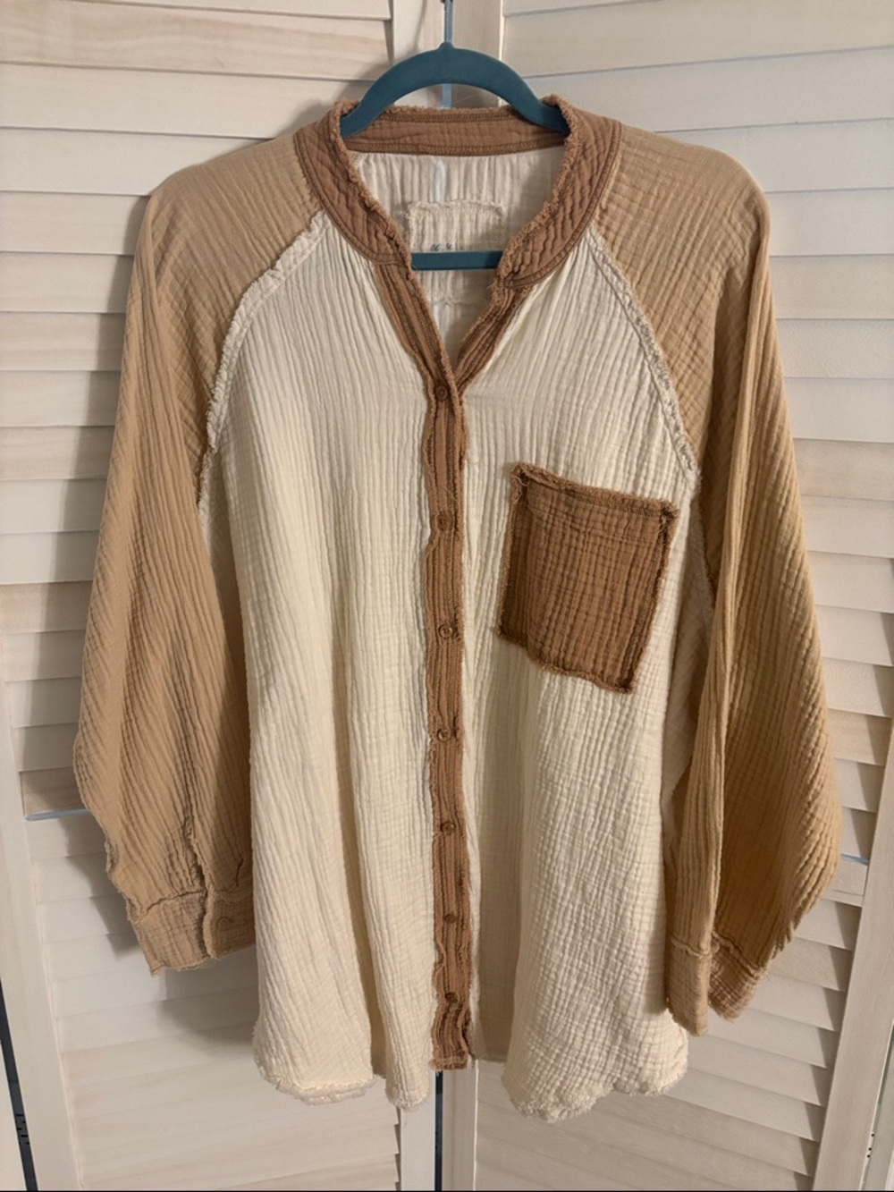 Aerie Cream and Tan Button-Front Gauze Shirt
